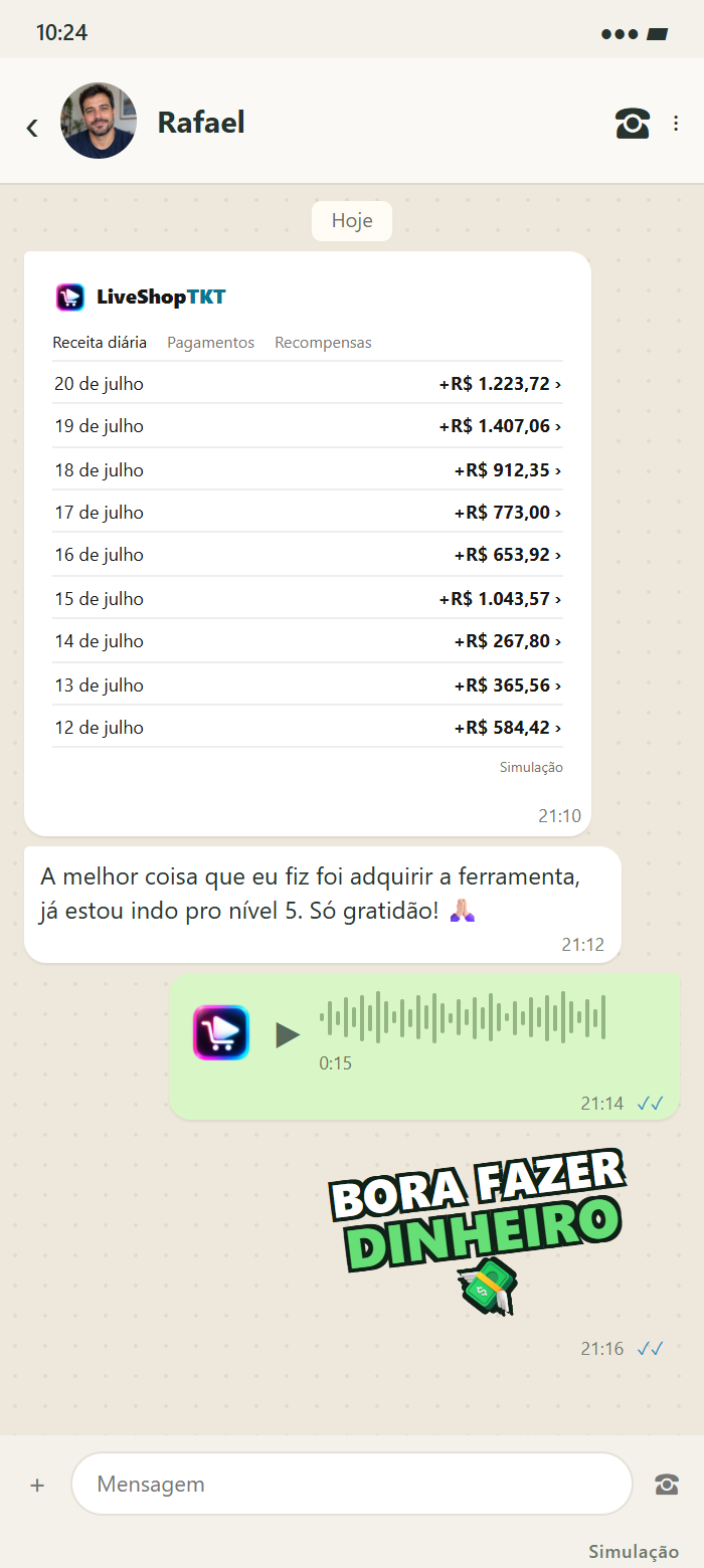 Conversa simulada de Rafael: A melhor coisa que eu fiz foi adquirir a ferramenta, já estou indo pro nível 5. Só gratidão! 🙏🏻