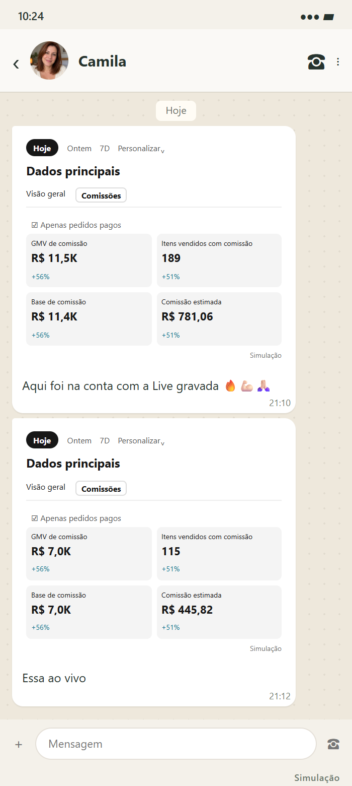 Conversa simulada de Camila: Aqui foi na conta com a Live gravada 🔥💪🏻🙏🏻