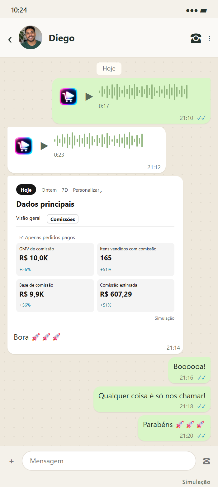 Conversa simulada de Diego: Bora 🚀🚀🚀