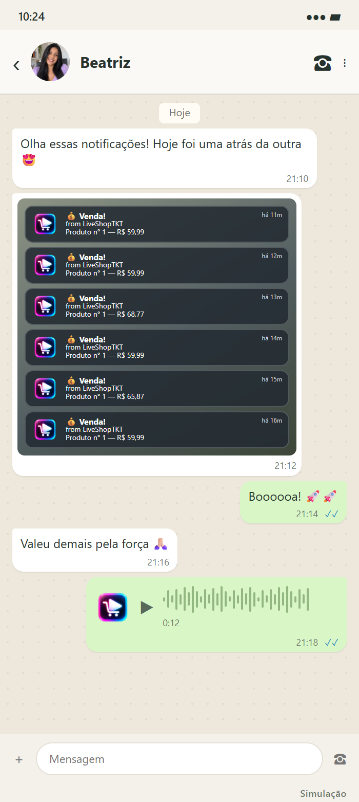 Conversa simulada de Beatriz: Olha essas notificações! Hoje foi uma atrás da outra 😍