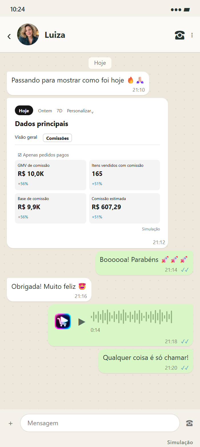 Conversa simulada de Luiza: Passando para mostrar como foi hoje 🔥🙏🏻