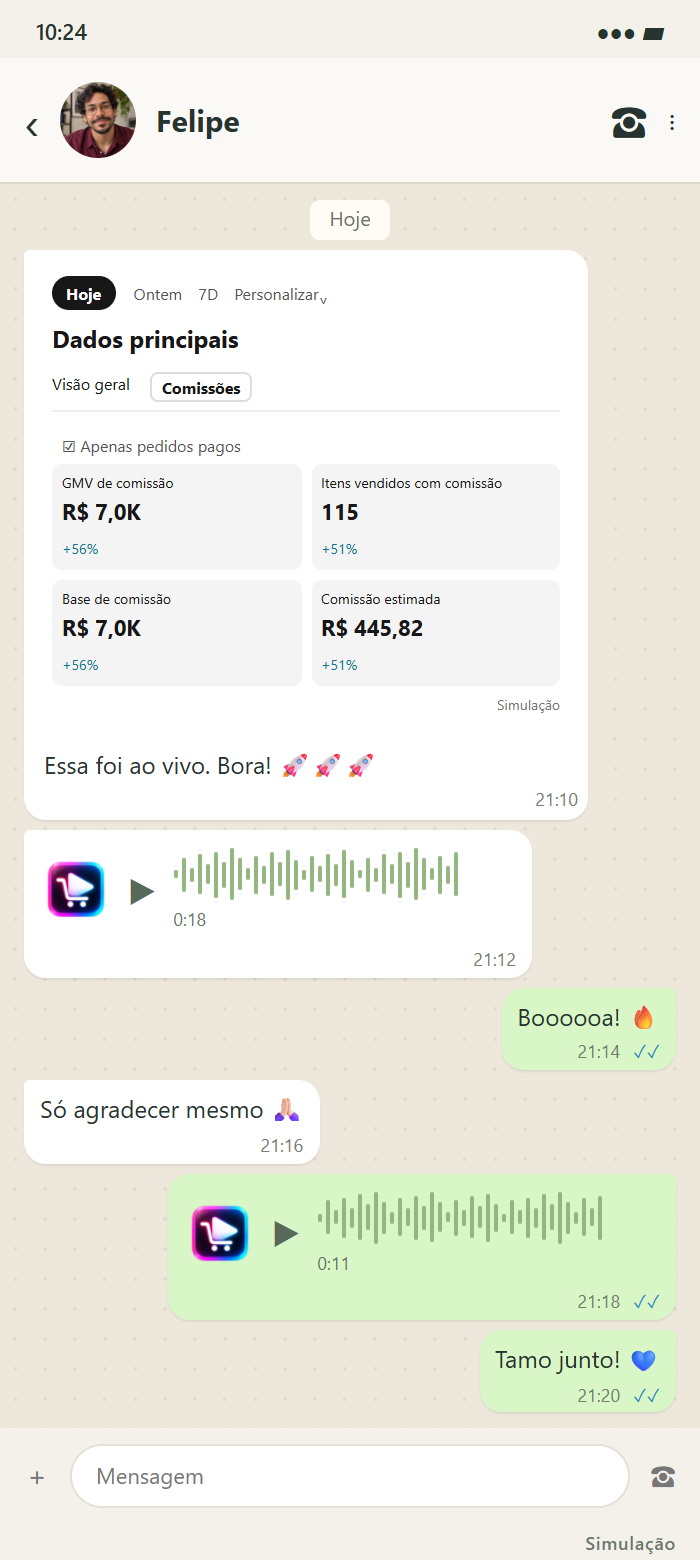 Conversa simulada de Felipe: Essa foi ao vivo. Bora! 🚀🚀🚀